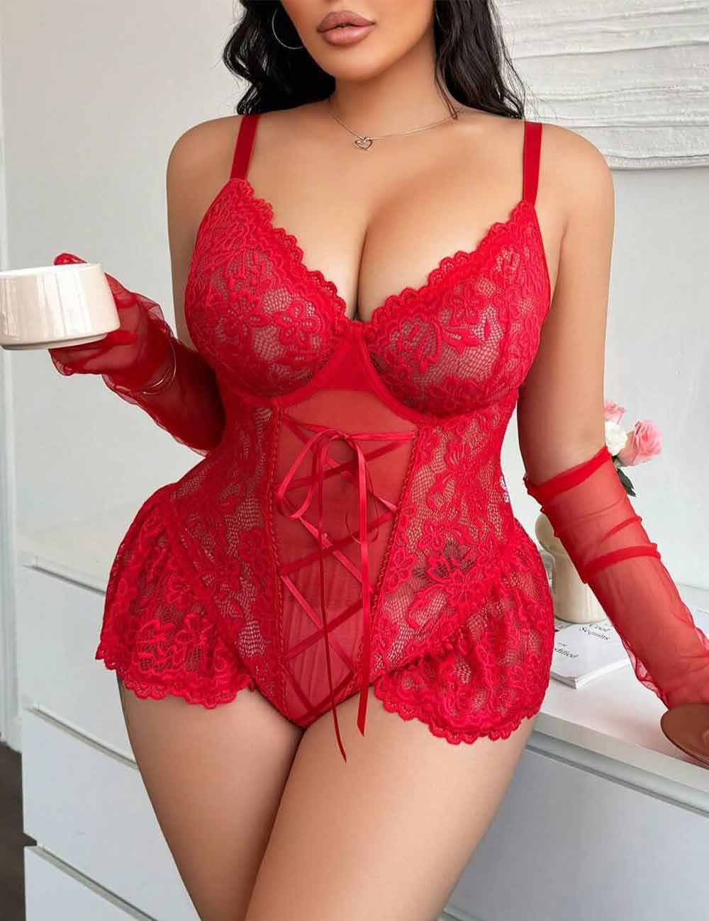 Women Plus Size Red Floral Lace Sheer Teddy