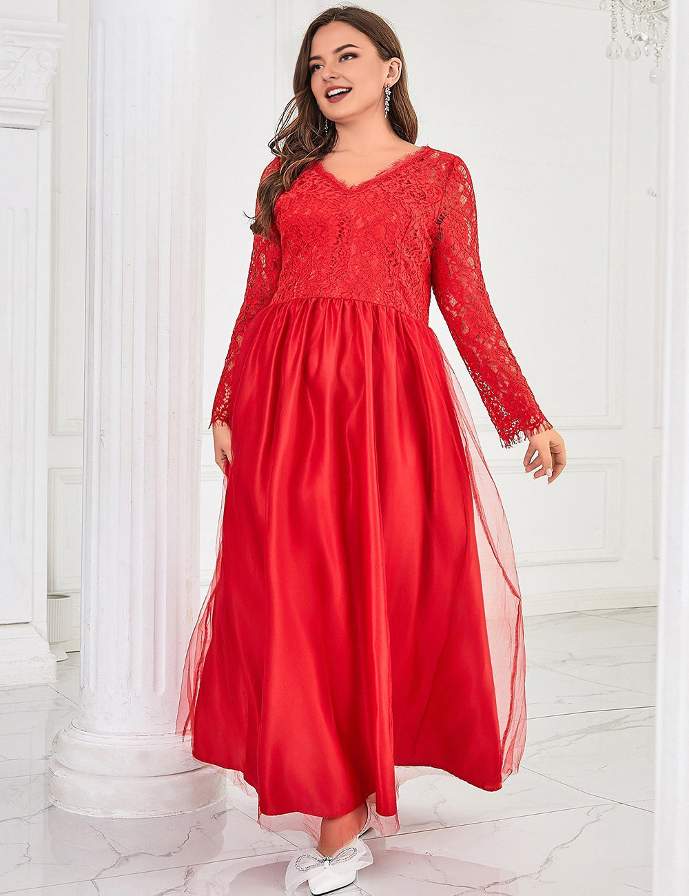 Women Plus Size Red Lace Long Formal Wedding Evening Dress