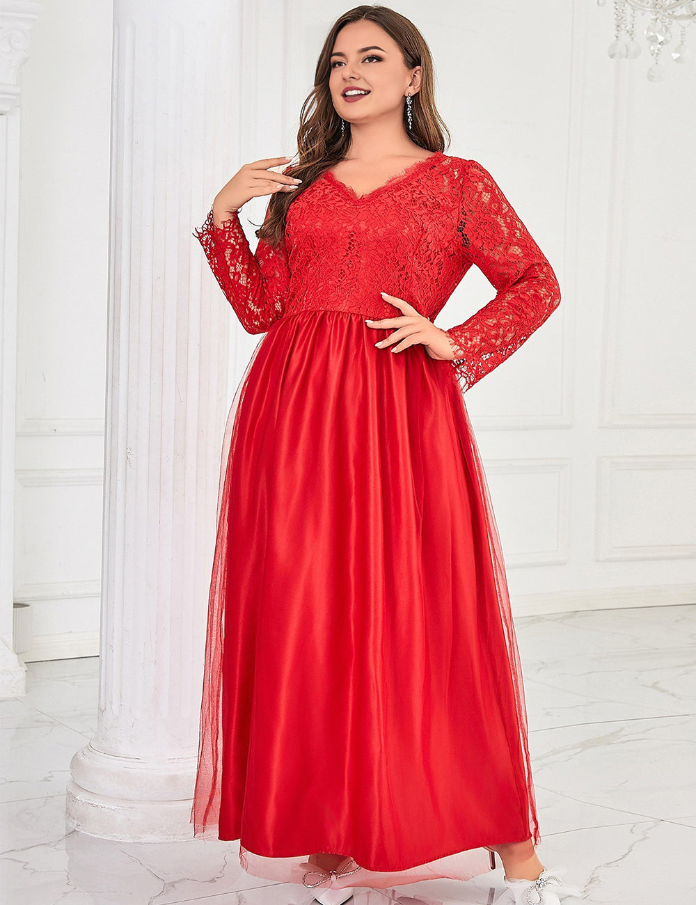 Women Plus Size Red Lace Long Formal Wedding Evening Dress