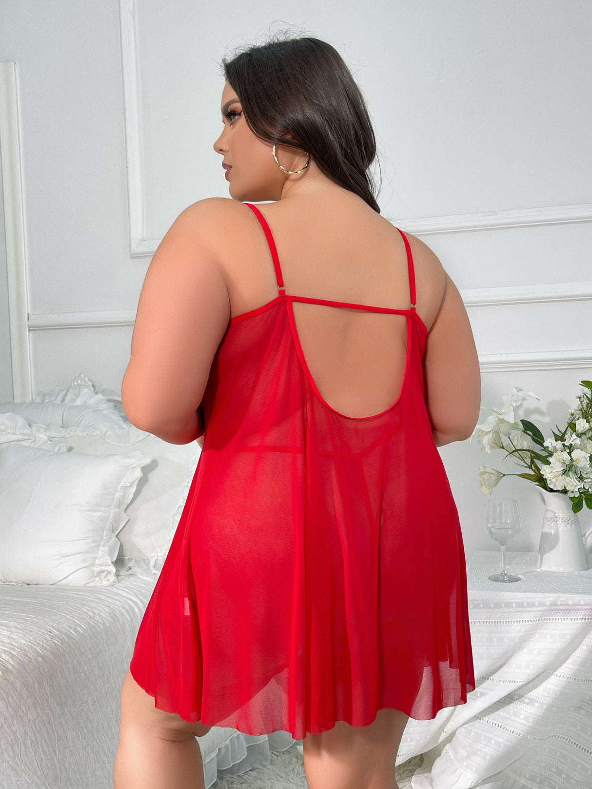 Women Plus Size Red Lace See-through Mesh Babydoll-1