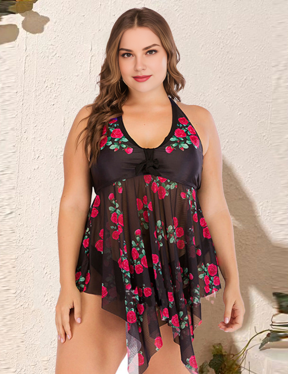 Women Plus Size Rose Mesh Two-Piece Swimsuit-5