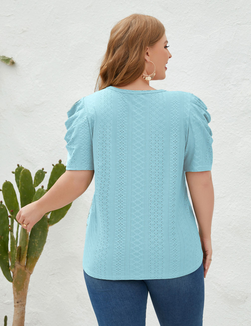 Women Plus Size Round Neck Pleated Short Sleeve T-shirt | PRUSES-2