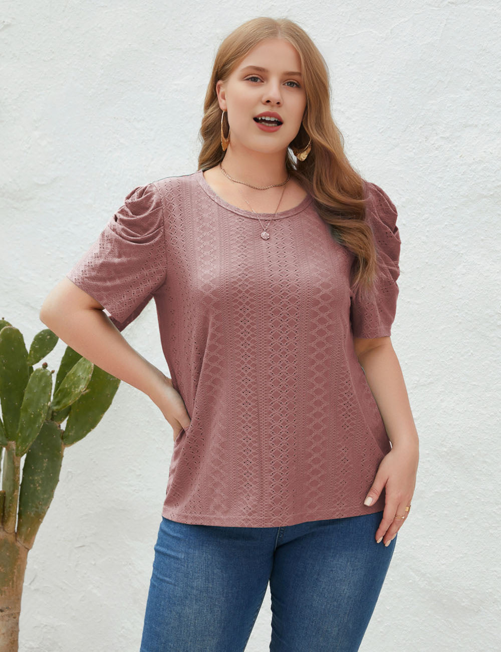 Women Plus Size Round Neck Pleated Short Sleeve T-shirt | PRUSES-5