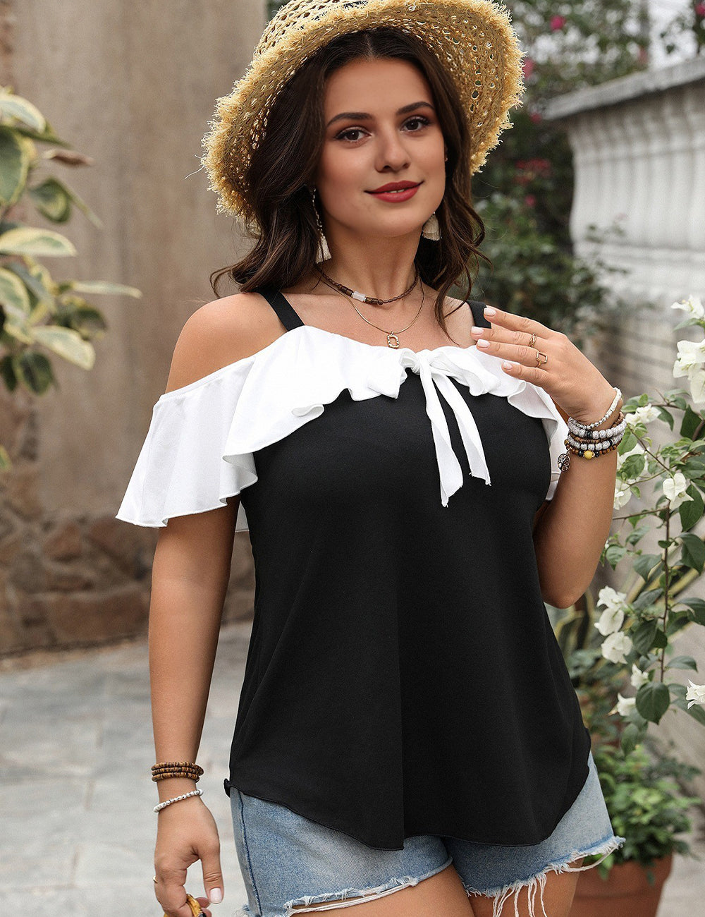 Women Plus Size Ruffled Contrast Short Sleeve Blouse