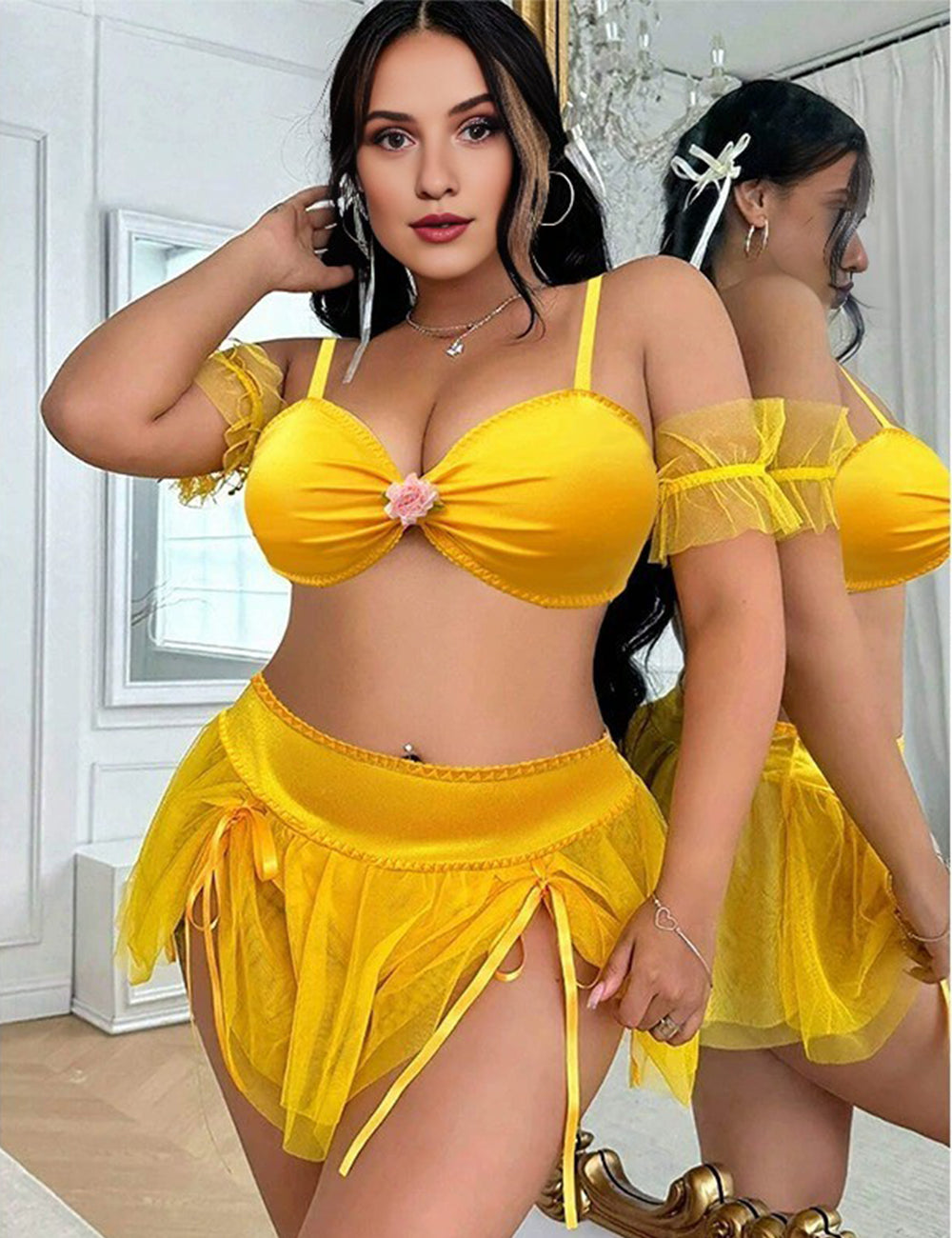 Women Plus Size Ruffled Slit Bra Set Fantasy Costume