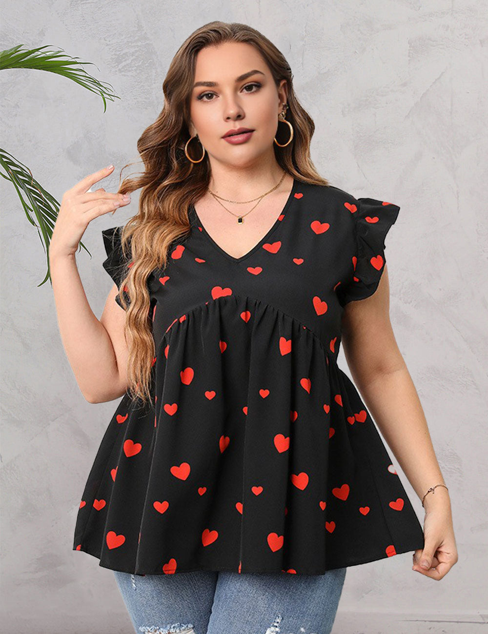 Women_Plus_Size_Ruffles_Heart_Print_V_Neck_Blouse_PRUSES_2