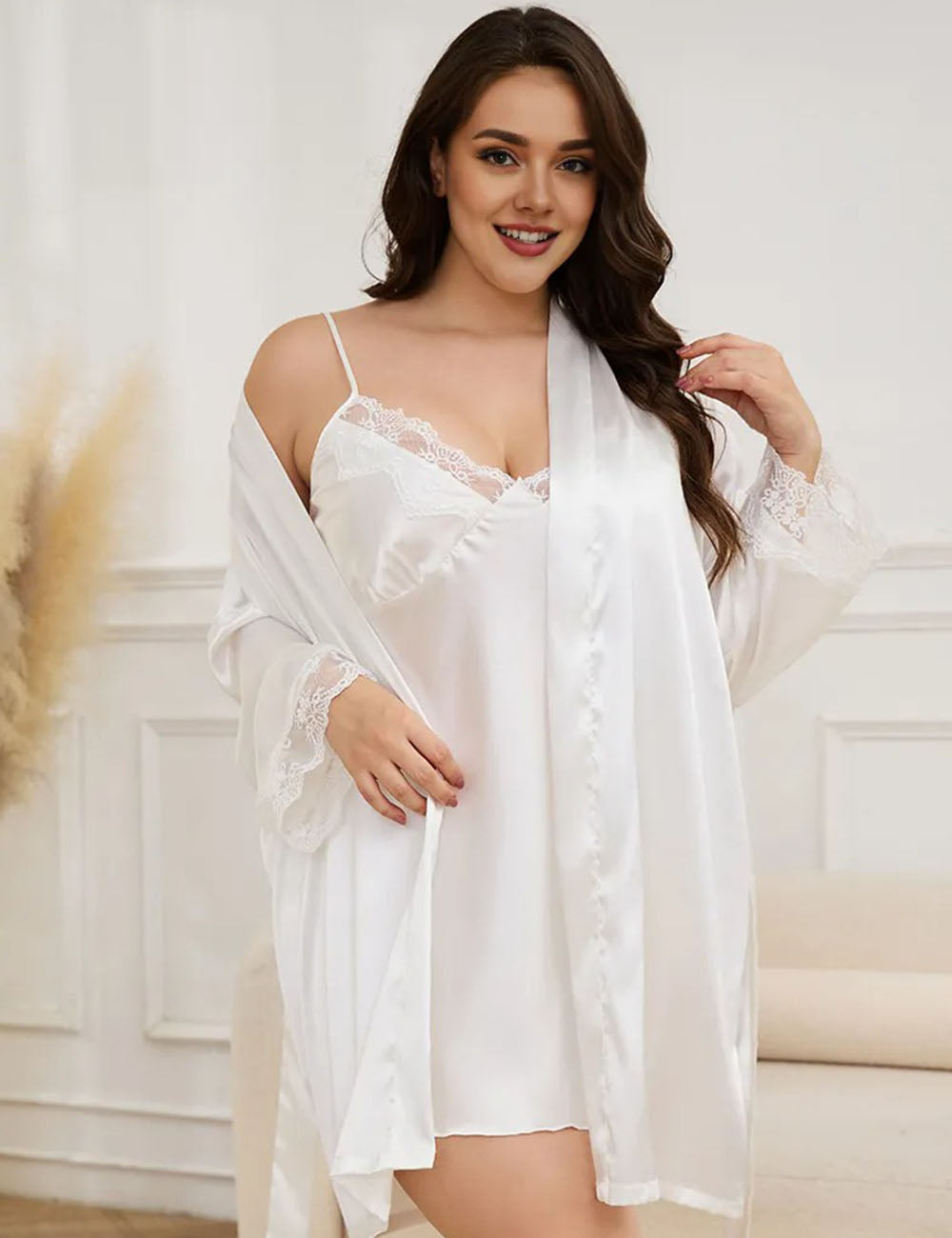 Women Plus Size Satin 2-Piece Silk Suspender Nightgown