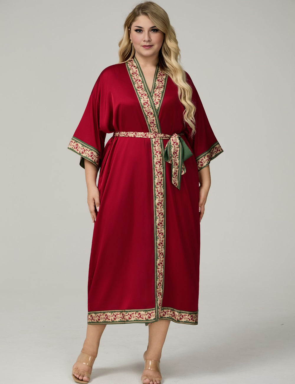 Women Plus Size Satin Floral-Trim Kimono Robe