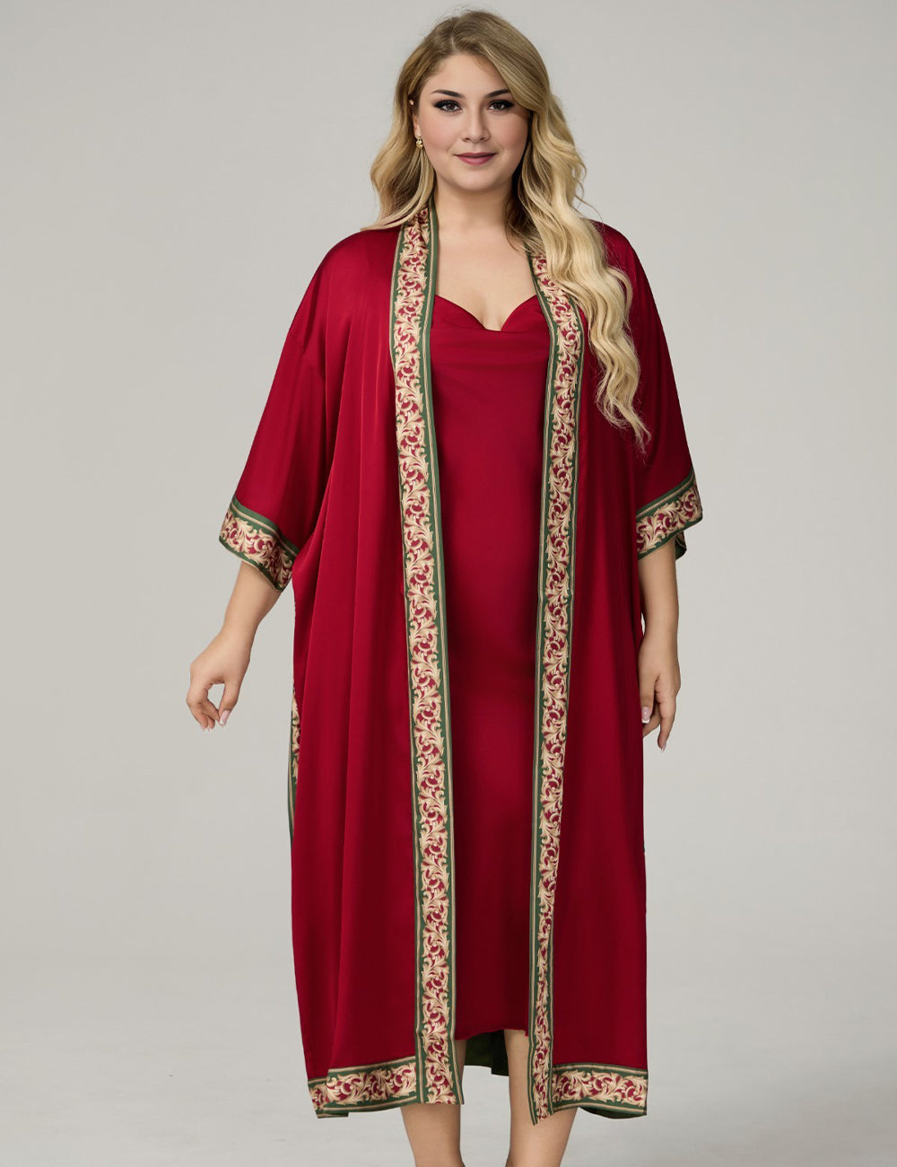 Women Plus Size Satin Floral-Trim Kimono Robe