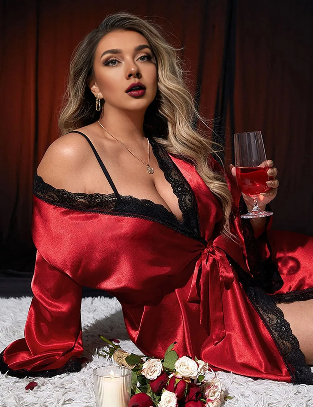 Women Plus Size Satin Lace Trim Robe Red-2
