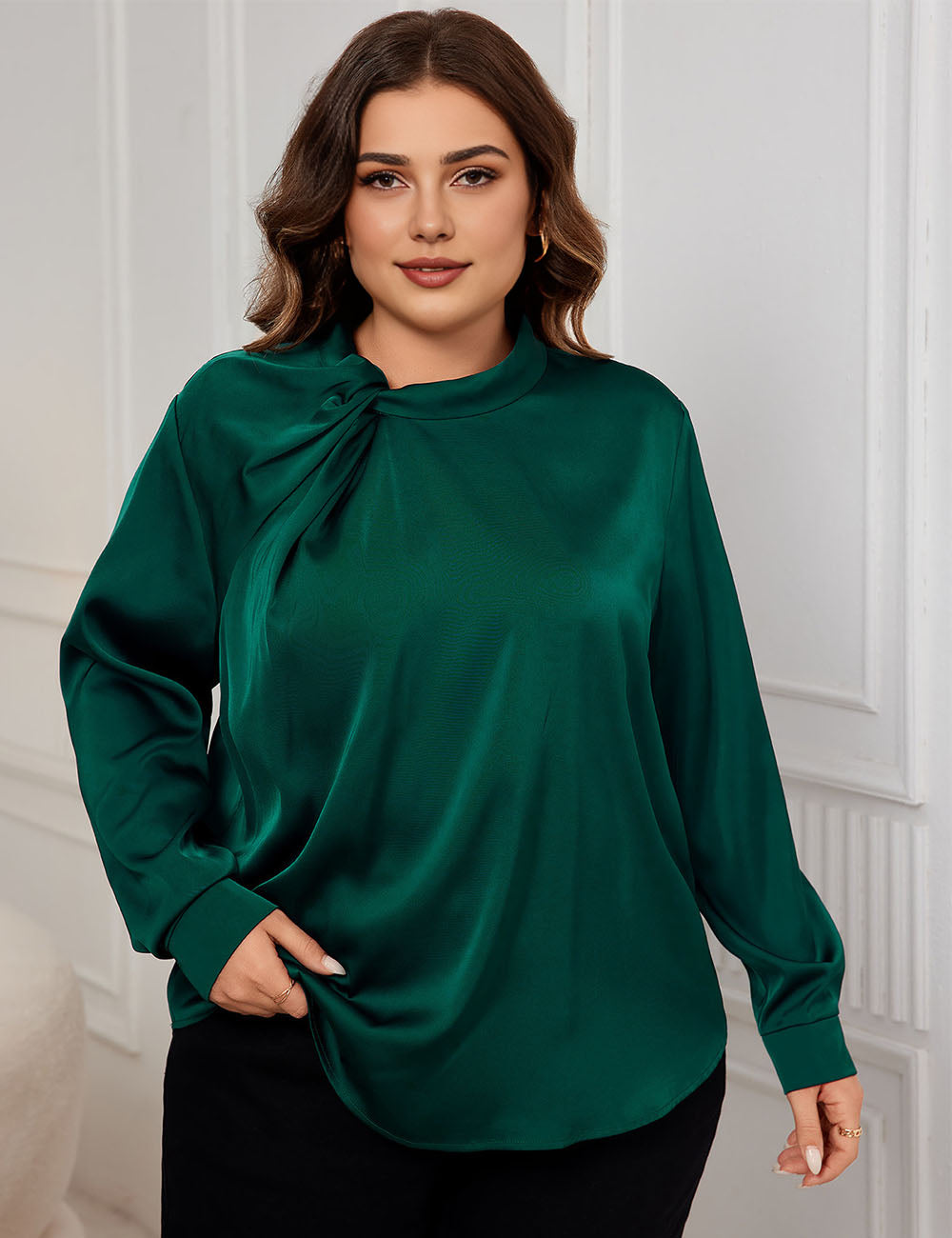 Women Plus Size Satin Shirts Ruched Neck Long Sleeve Blouses | PRUSES-5