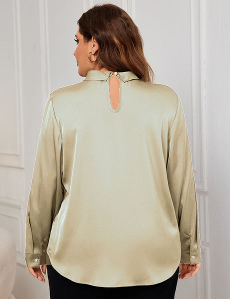 Women Plus Size Satin Shirts Ruched Neck Long Sleeve Blouses | PRUSES-2