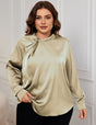 Women Plus Size Satin Shirts Ruched Neck Long Sleeve Blouses | PRUSES-3