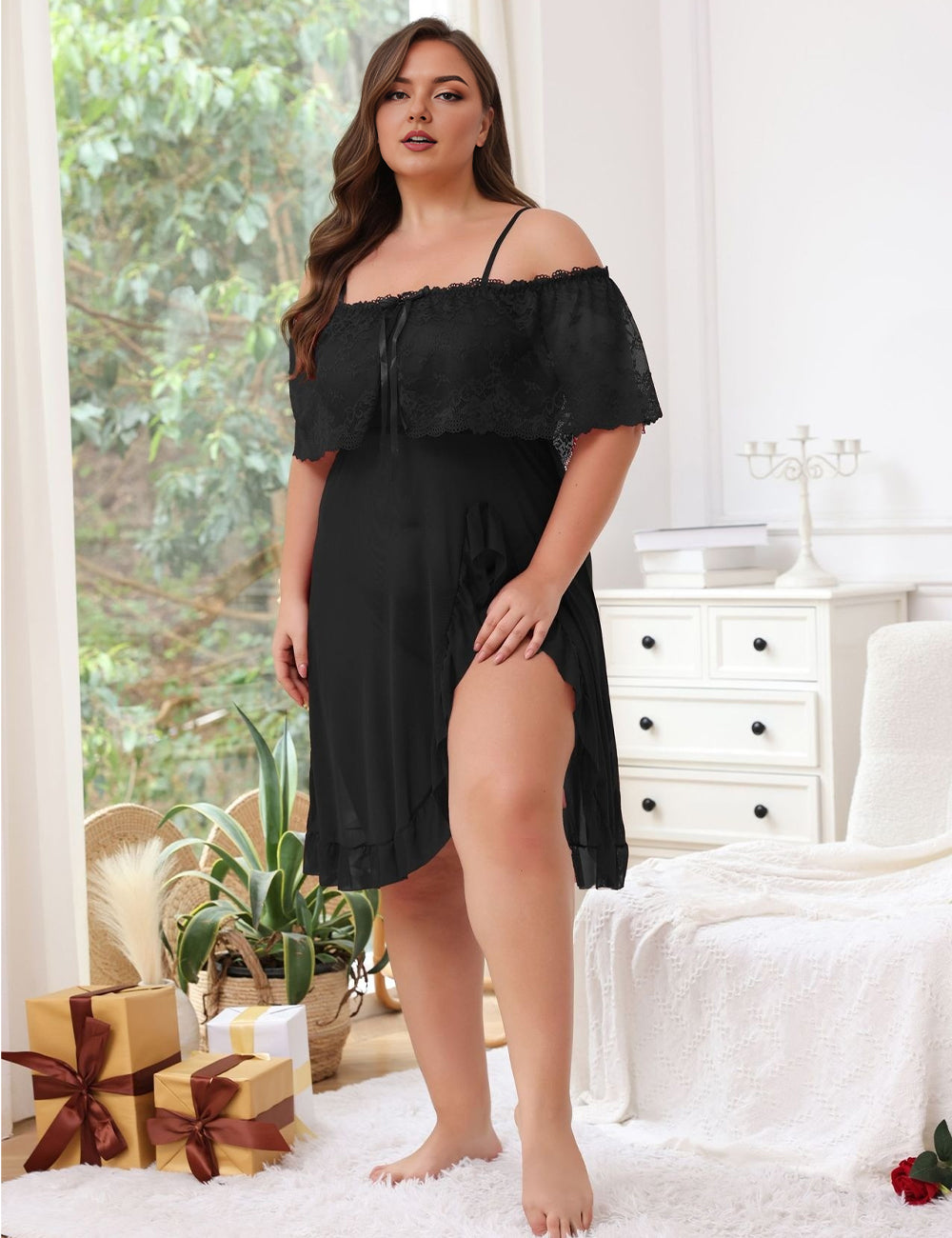 Women Plus Size See-Through Lace Trim Slit Babydoll Dress | PRUSES