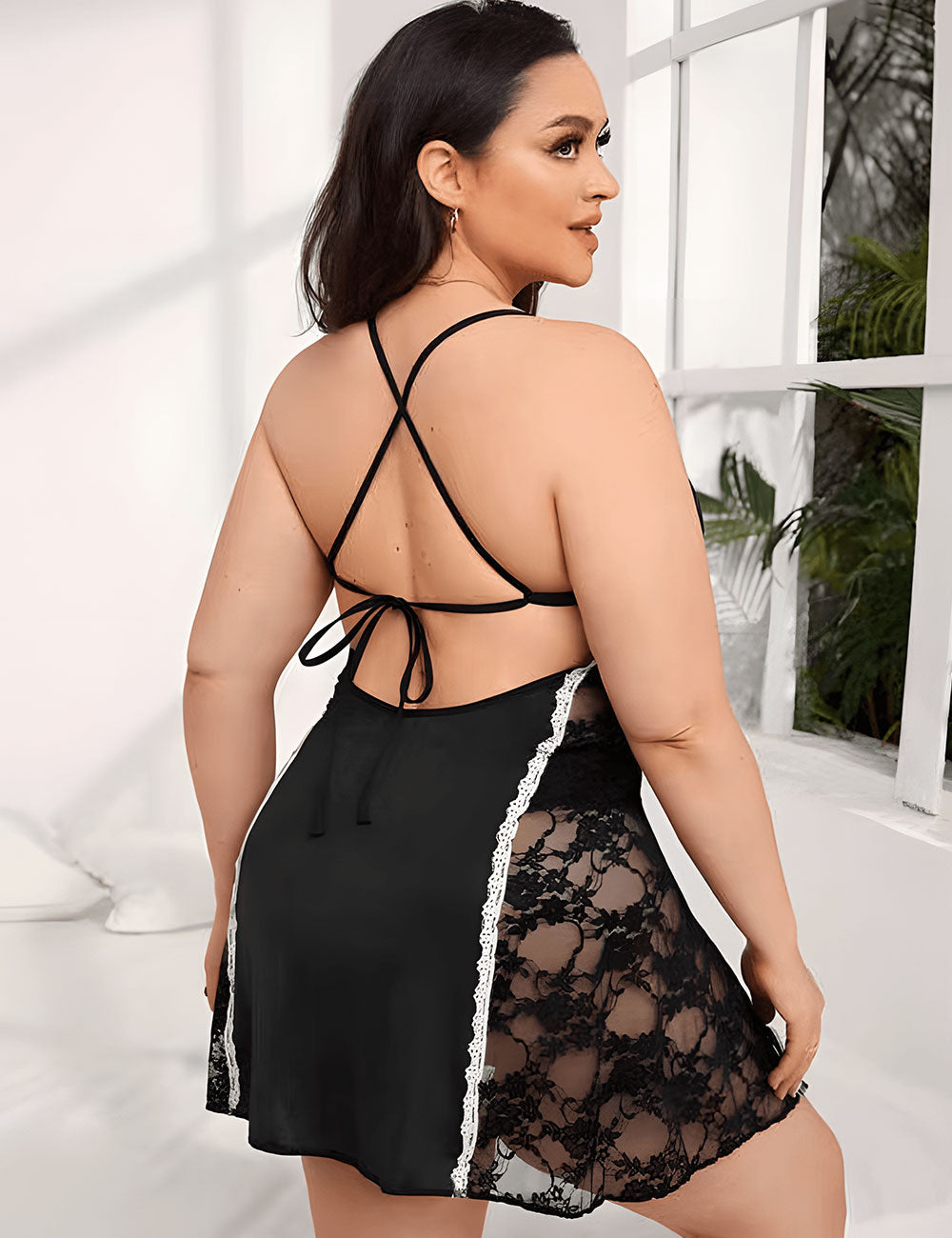 Women Plus Size See-through Backless Lace Babydoll-1