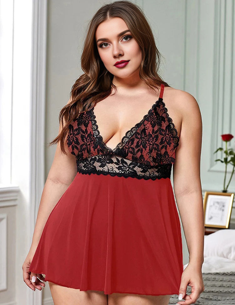 Women Plus Size Sexy Camisole Lace See-Through Dress-1