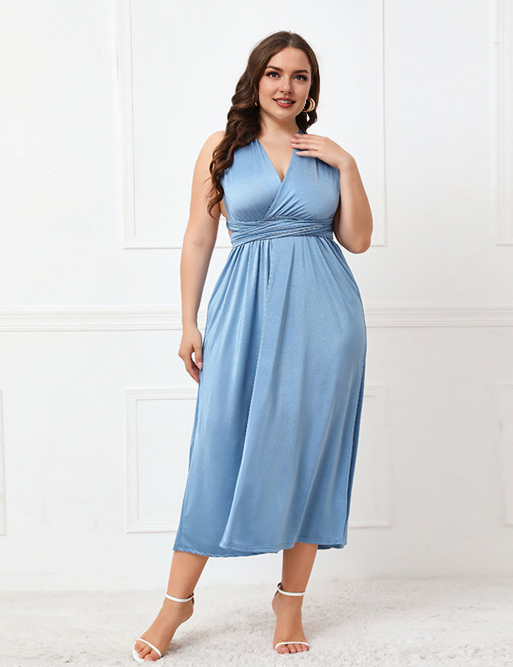 Women Plus Size Sexy V Neck Backless Elegant Dress-5