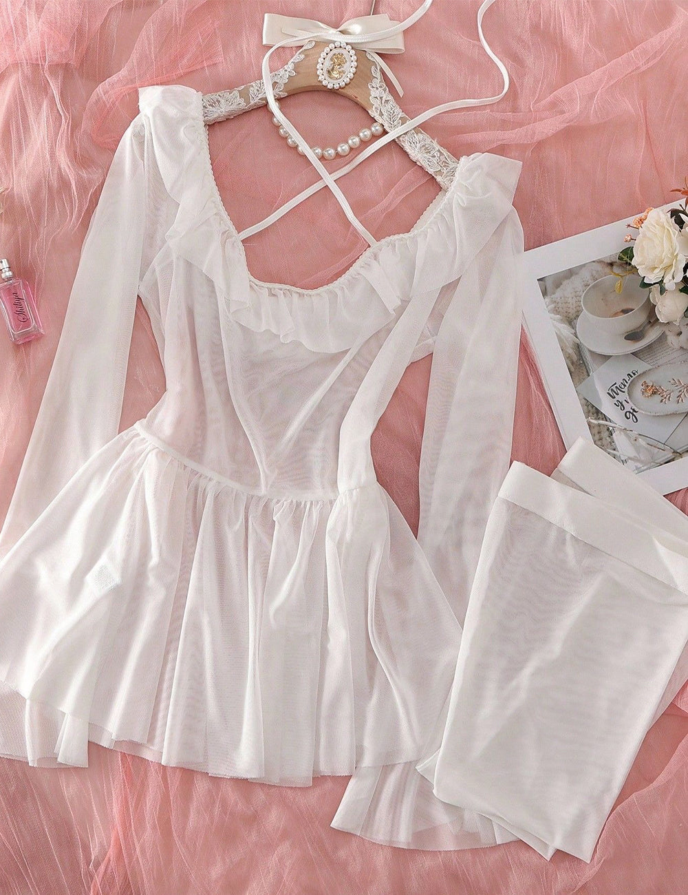 Women Plus Size Sheer Halter Babydoll with Thigh-High Stockings