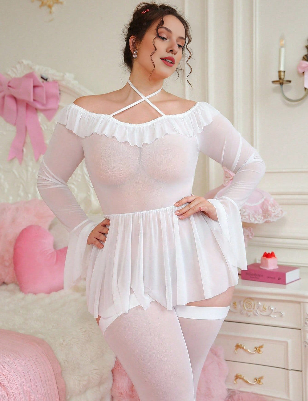 Women Plus Size Sheer Halter Babydoll with Thigh-High Stockings