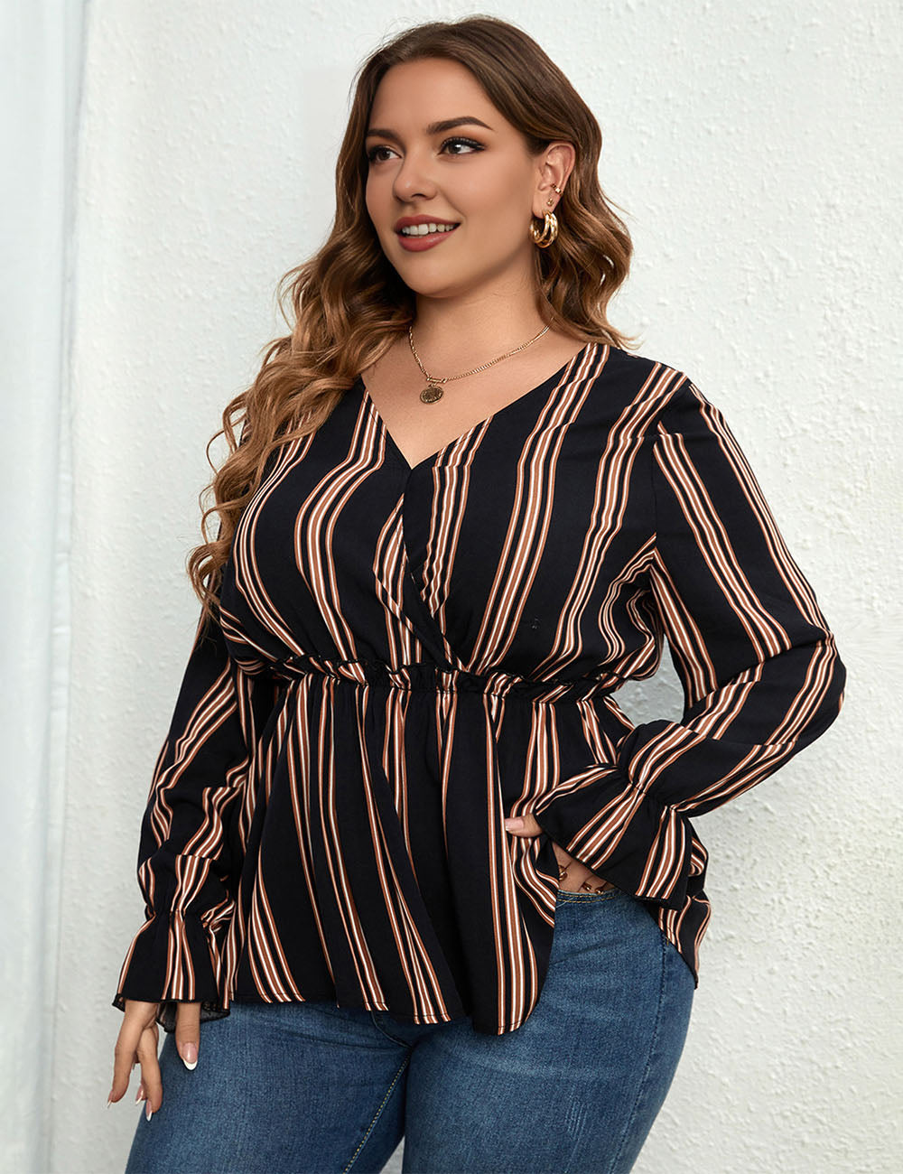 Women_Plus_Size_Shirt_Striped_Long_Sleeve_Waist_Blouse_PRUSES_5