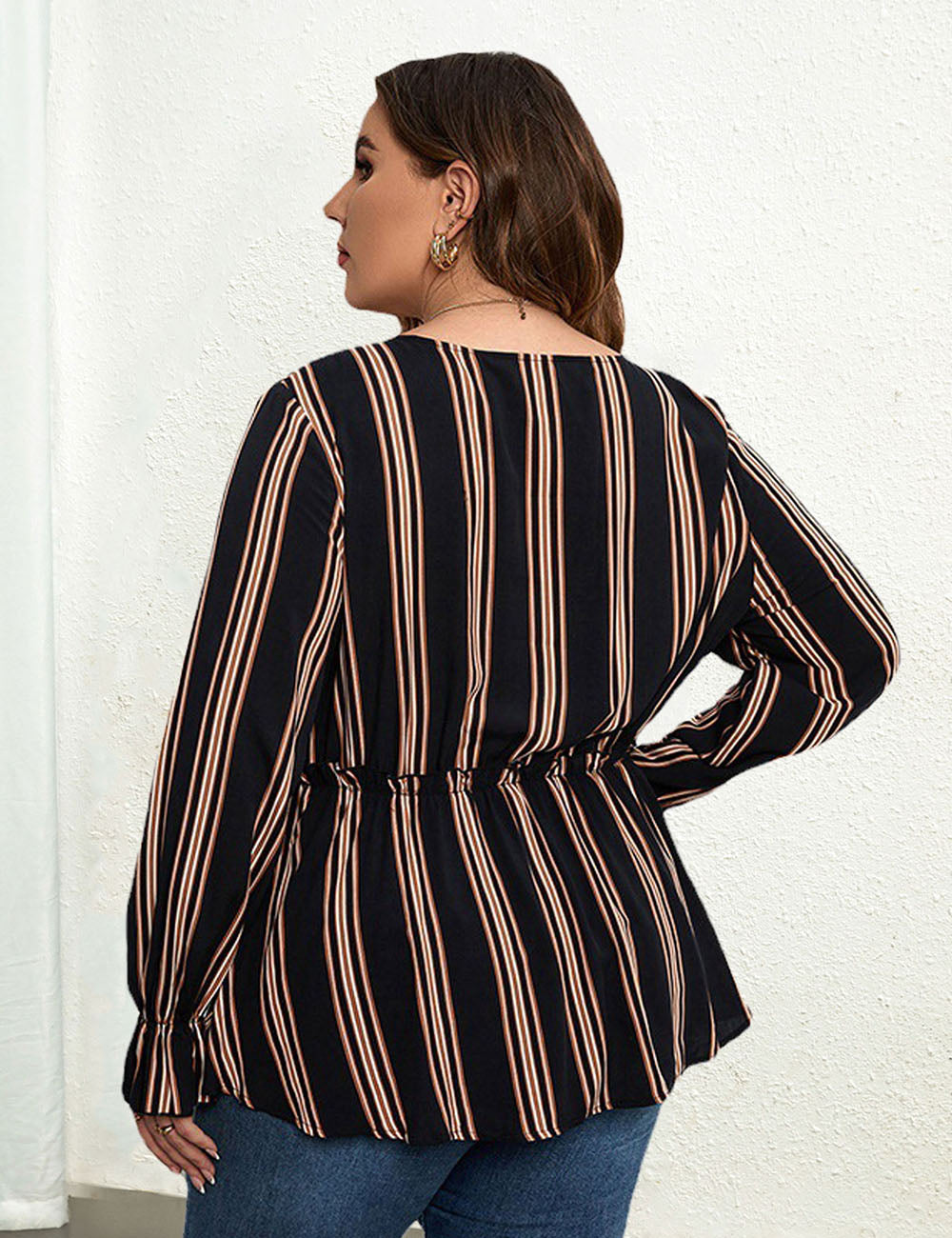 Women_Plus_Size_Shirt_Striped_Long_Sleeve_Waist_Blouse_PRUSES_7
