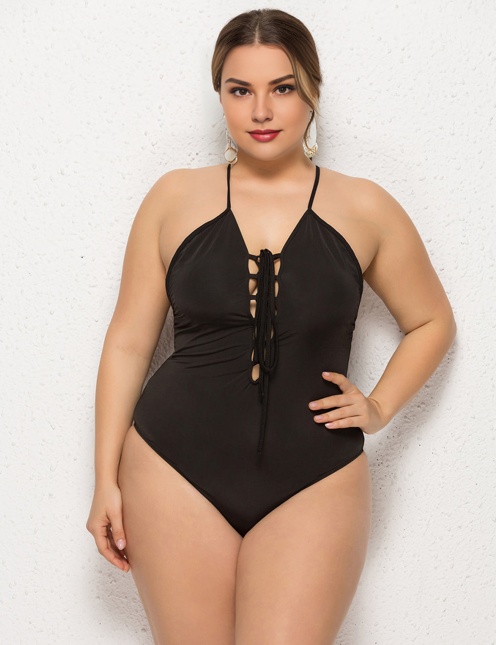 Women Plus Size Solid Color Deep V Cross Backless Swimsuit-2