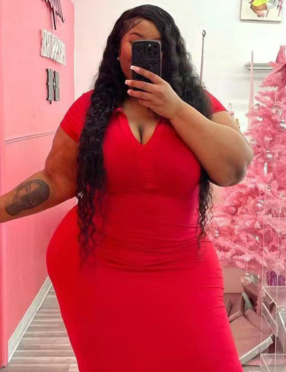 Women Plus Size Solid Color V Neck Casual Dress-3