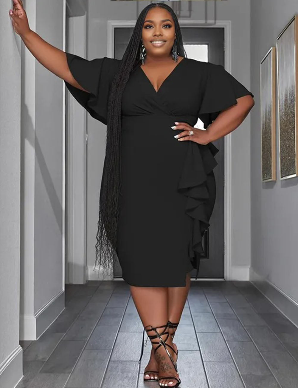 Women Plus Size Solid Color V Neck Ruffle Fitted Dress-2