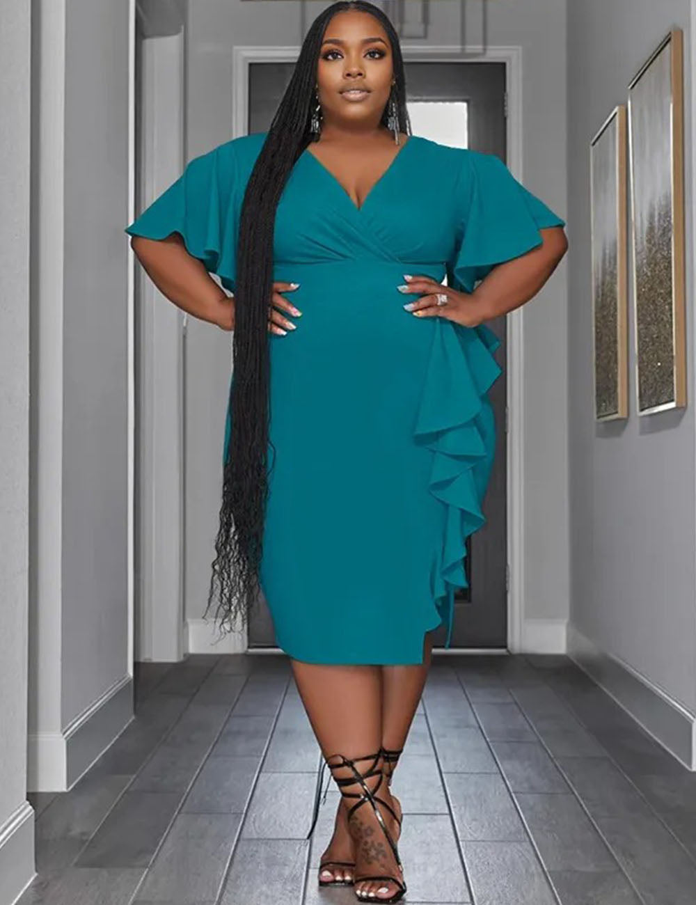 Women Plus Size Solid Color V Neck Ruffle Fitted Dress-3