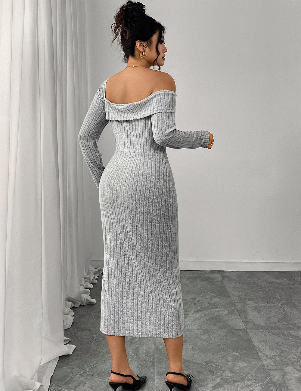 Women Plus Size Square Neck Long Sleeve Slit Dress