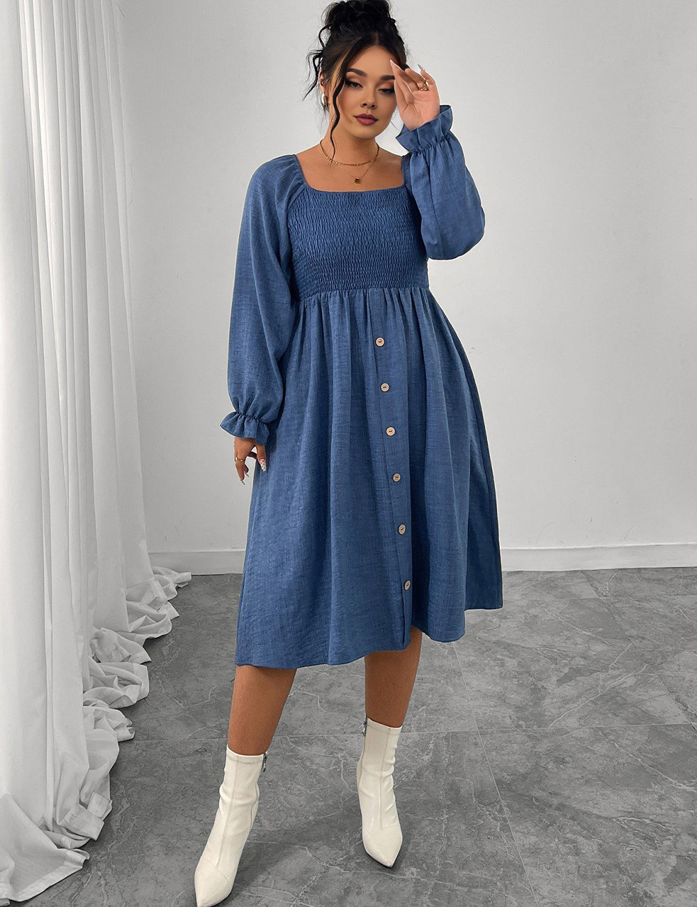 Women Plus Size Square Neck Smocked Button Down Midi Dress
