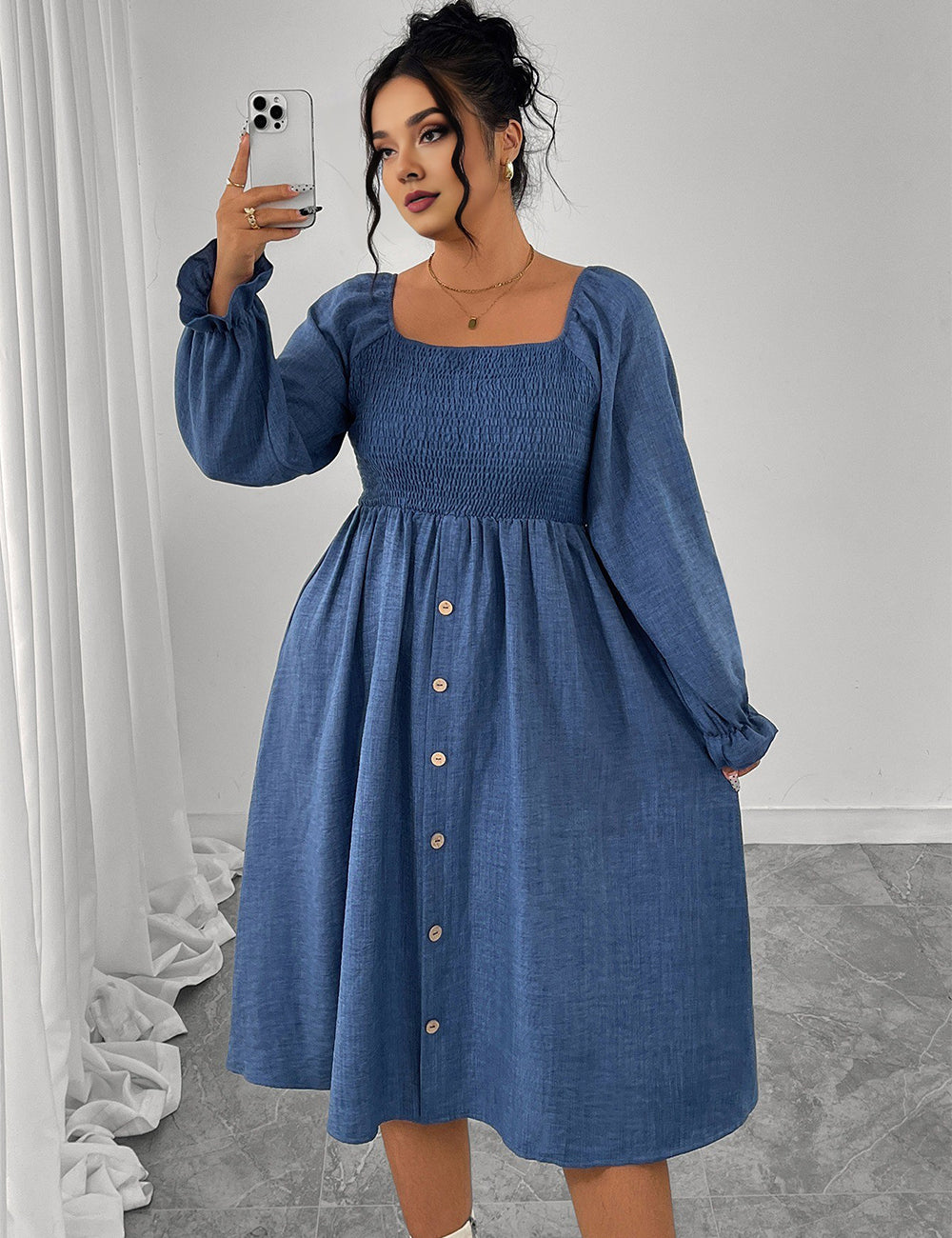 Women Plus Size Square Neck Smocked Button Down Midi Dress