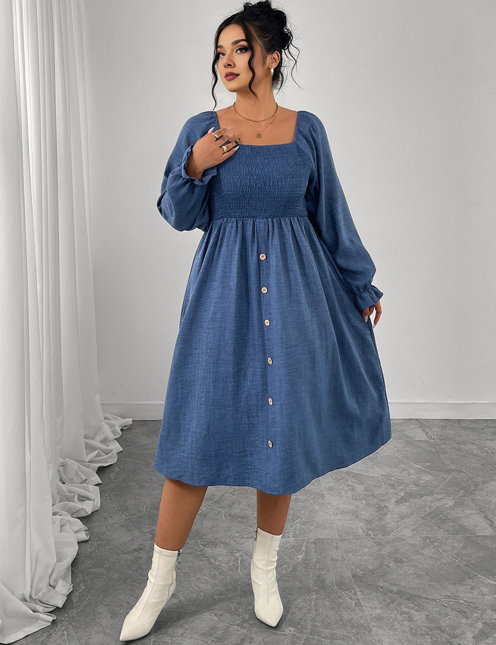 Women Plus Size Square Neck Smocked Button Down Midi Dress