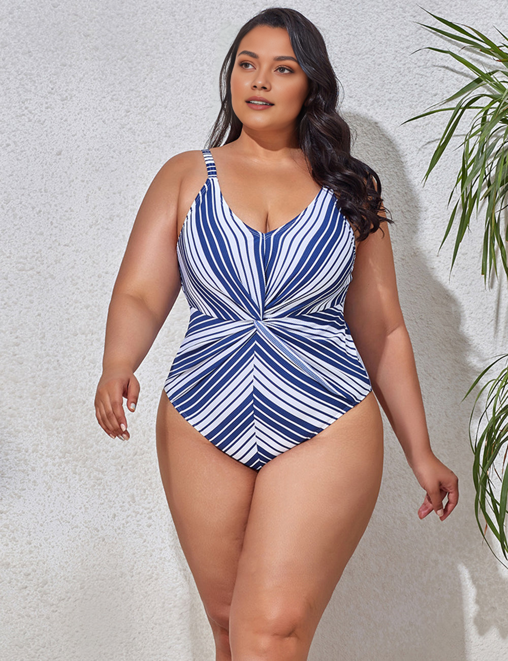 Women Plus Size Striped Crossover Swimsuit-2