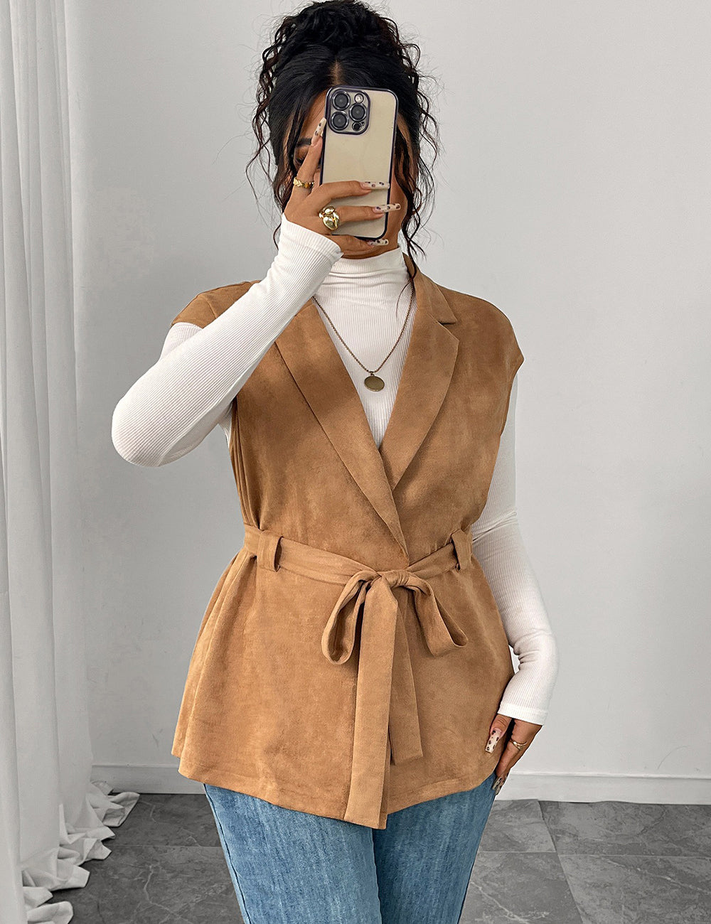 Women Plus Size Suede Brown Belted Lapel Vest Coat