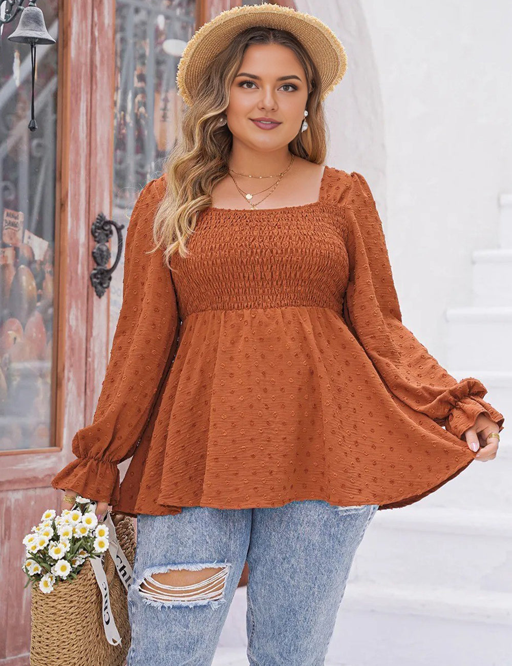Women Plus Size Swiss Dot Long Sleeve Peplum Top