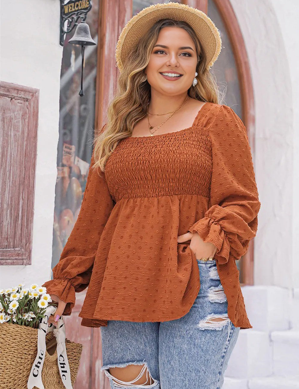 Women Plus Size Swiss Dot Long Sleeve Peplum Top