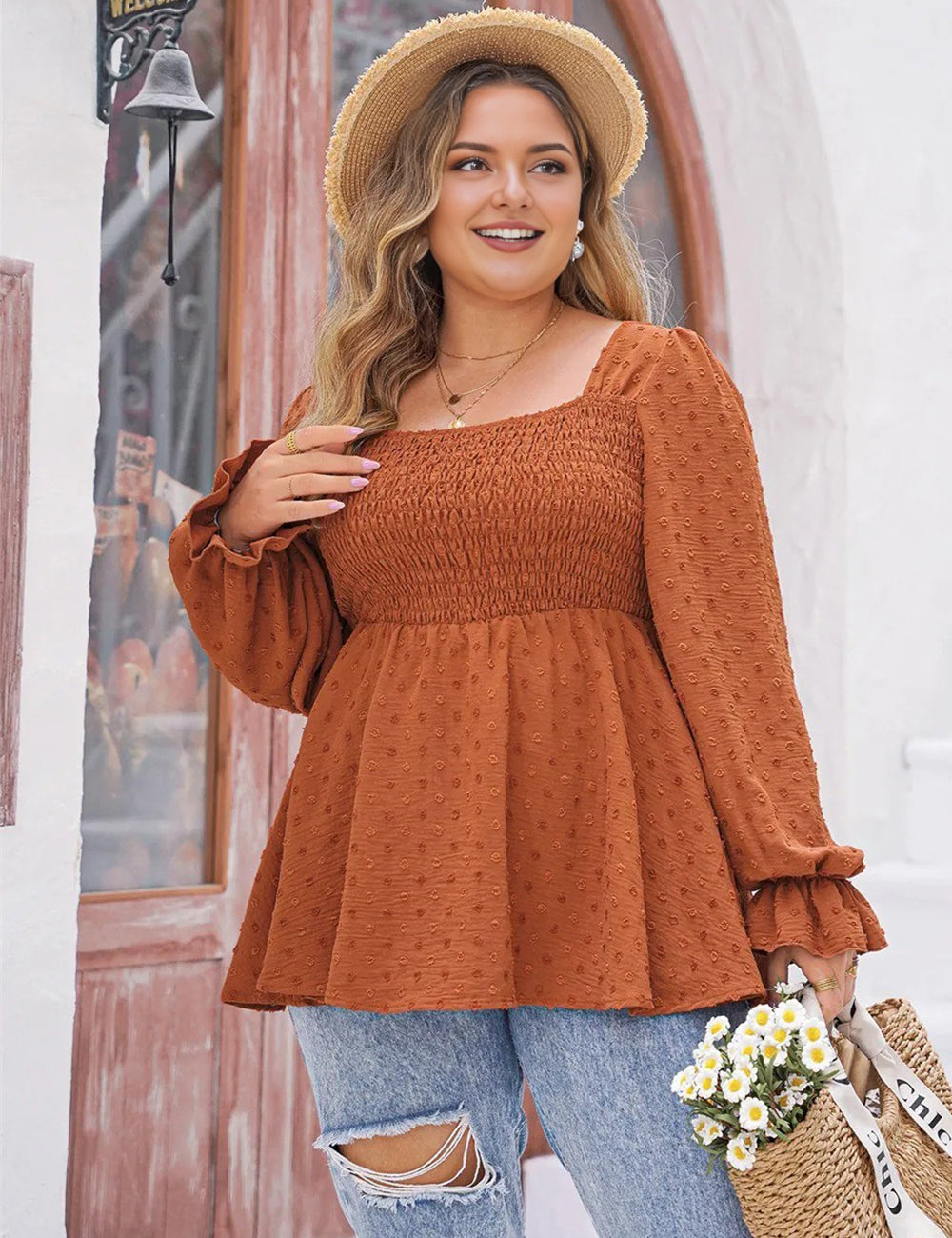 Women Plus Size Swiss Dot Long Sleeve Peplum Top