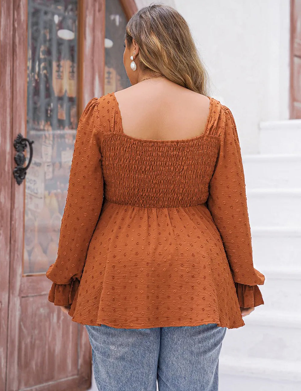 Women Plus Size Swiss Dot Long Sleeve Peplum Top