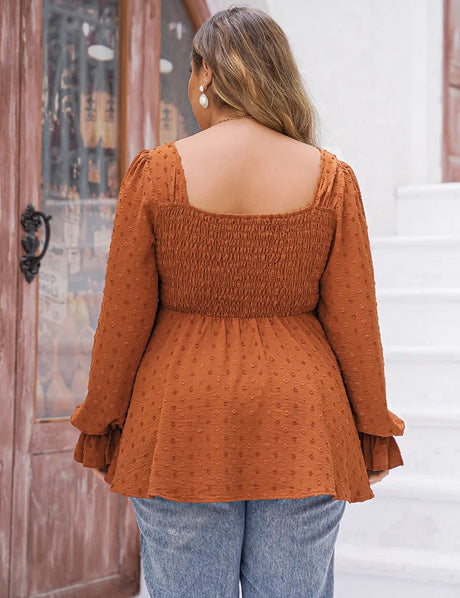 Women Plus Size Swiss Dot Long Sleeve Peplum Top