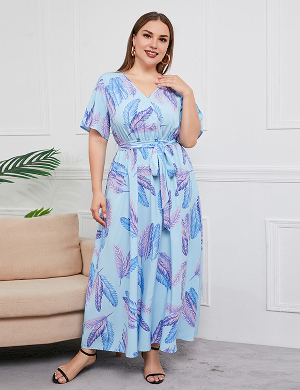 Women Plus Size Temperament Print High Waist V Neck Dress-1