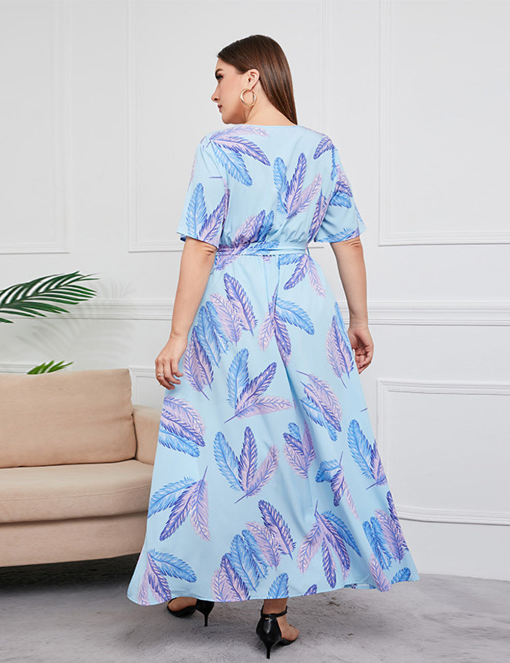 Women Plus Size Temperament Print High Waist V Neck Dress-44