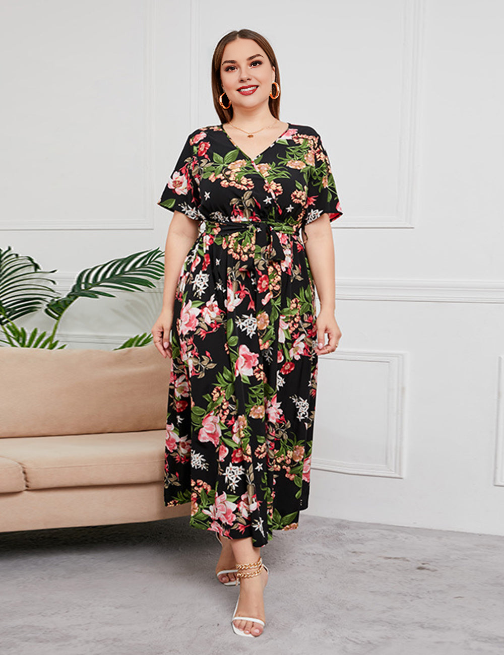 Women Plus Size Temperament Print High Waist V Neck Dress-45