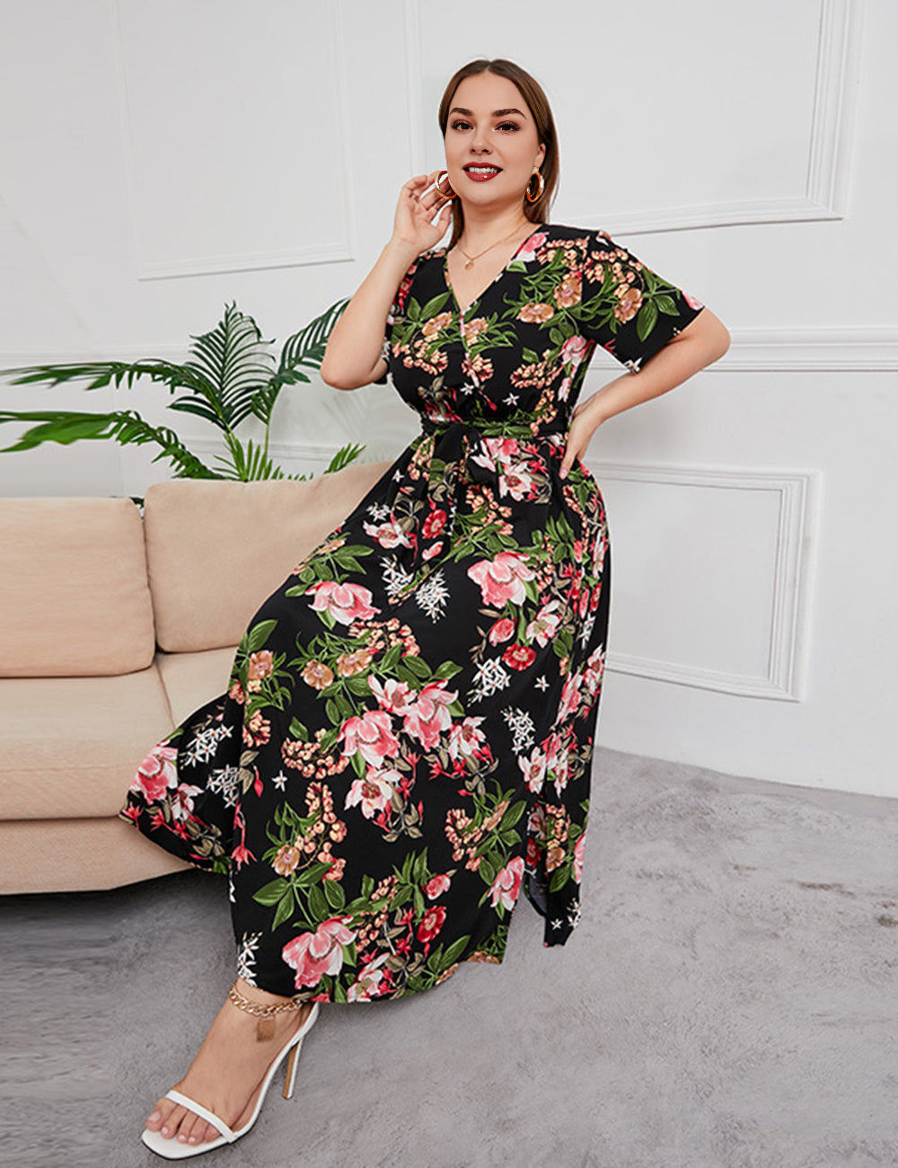 Women Plus Size Temperament Print High Waist V Neck Dress-46