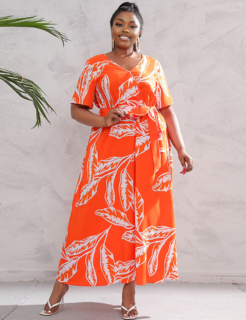 Women Plus Size Temperament Print High Waist V Neck Dress-48