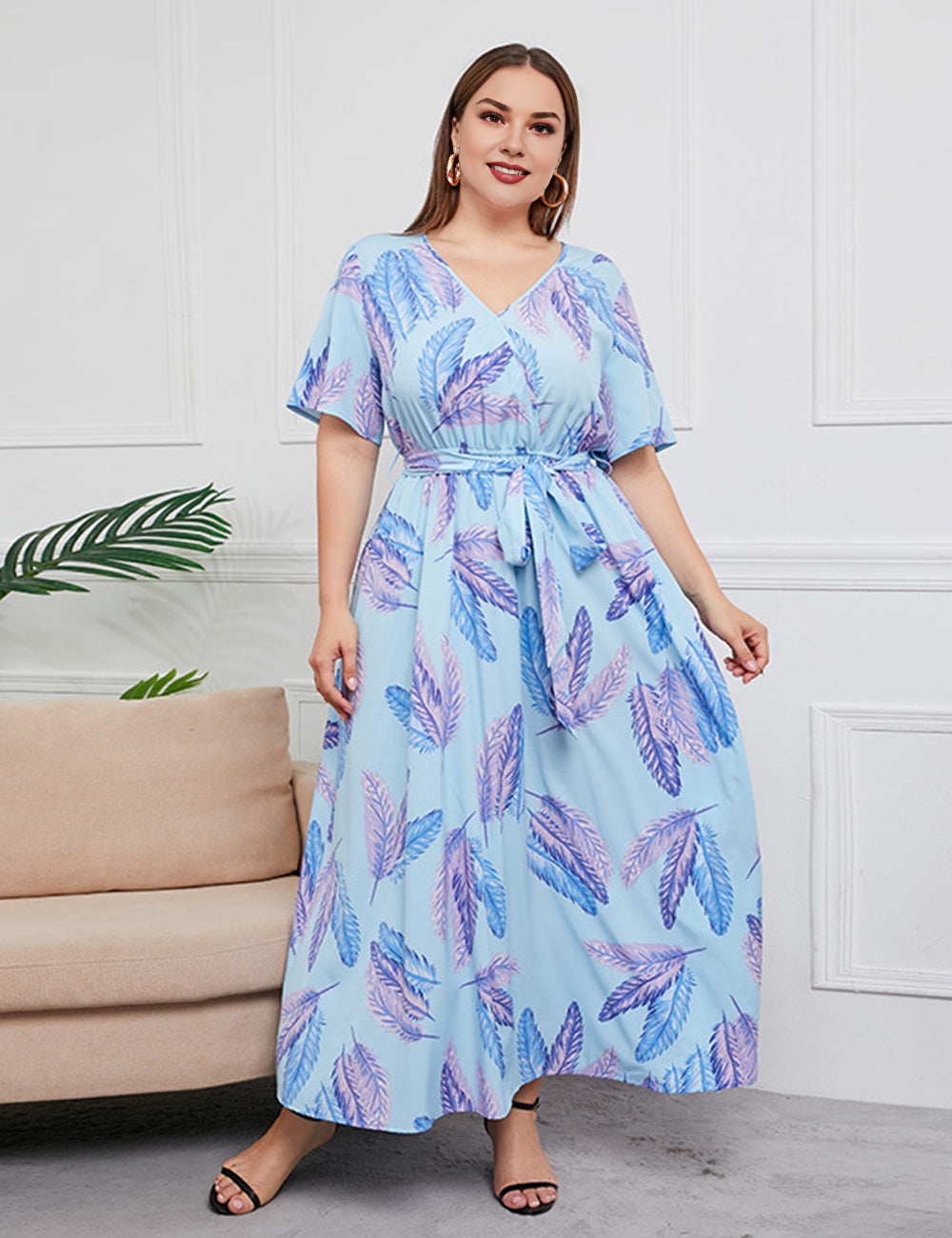Women Plus Size Temperament Print High Waist V Neck Dress