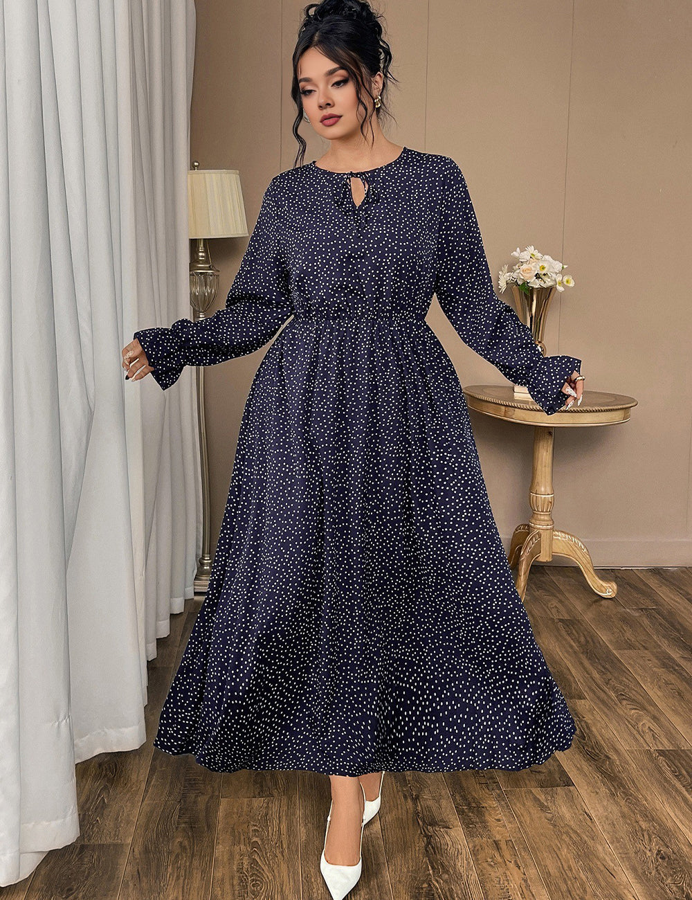 Women Plus Size Tie-Neck Polka Dot Printed Maxi Dress