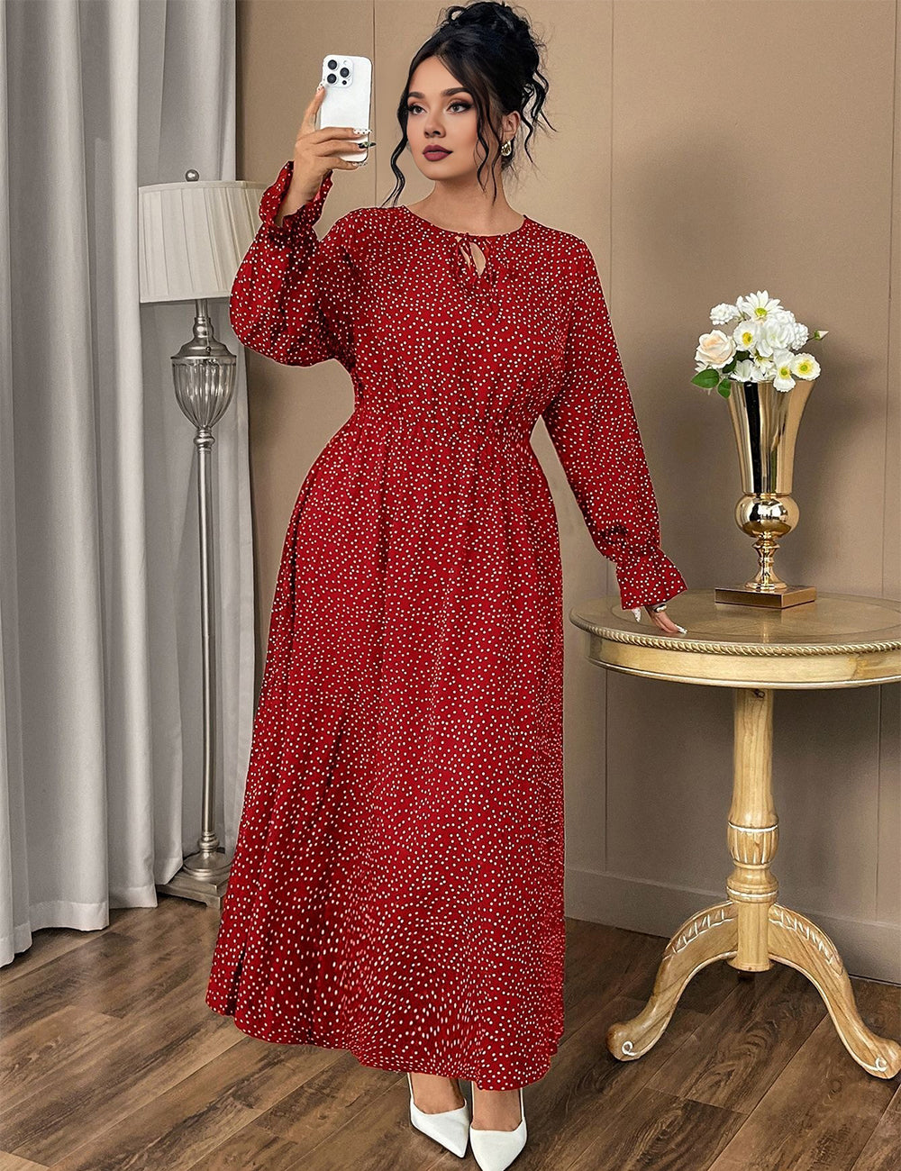 Women Plus Size Tie-Neck Polka Dot Printed Maxi Dress