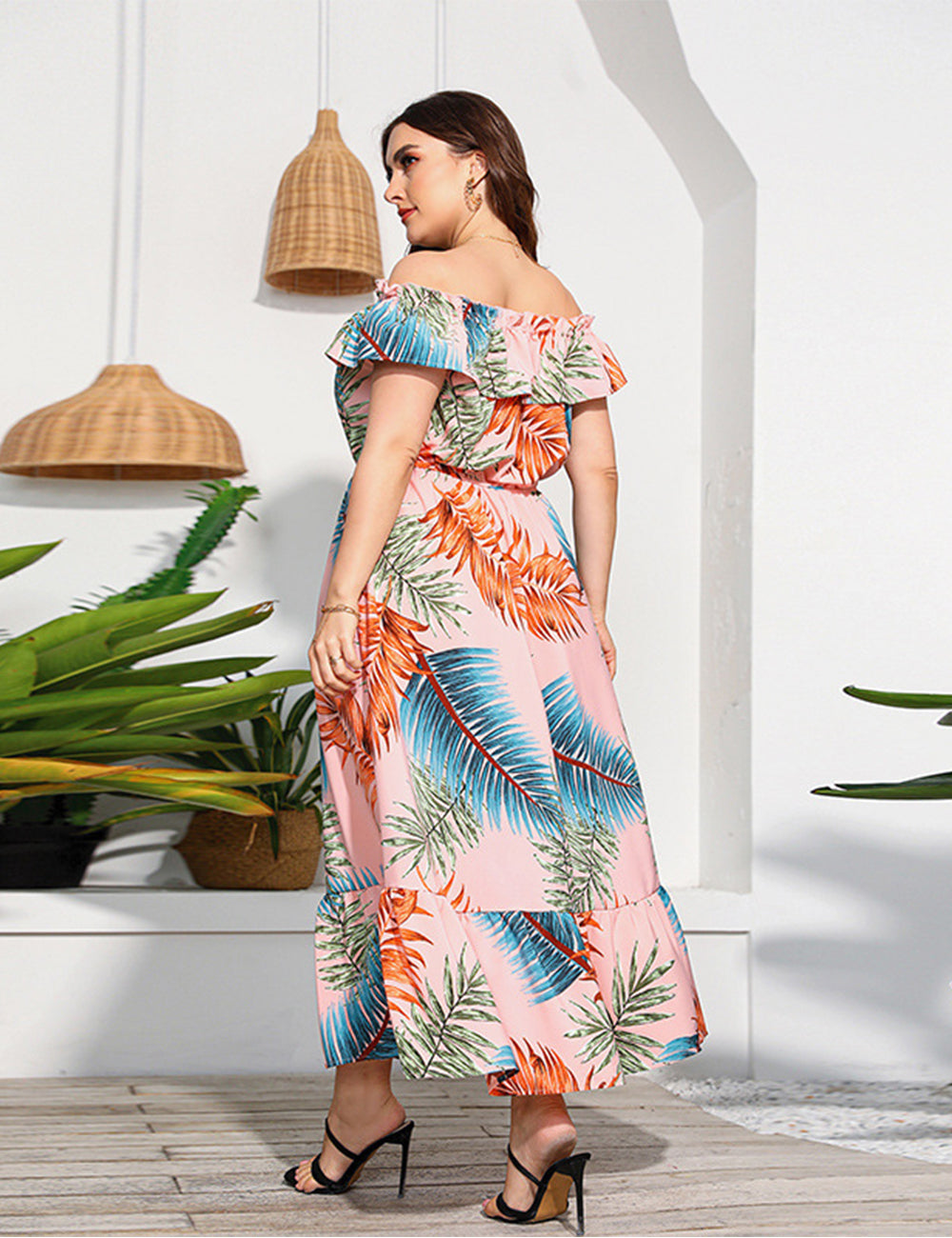 Women Plus Size Tropical Rainforest One Shoulder Print Dress-3