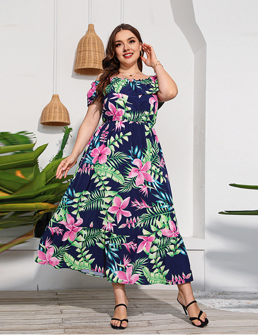 Women Plus Size Tropical Rainforest One Shoulder Print Dress-4